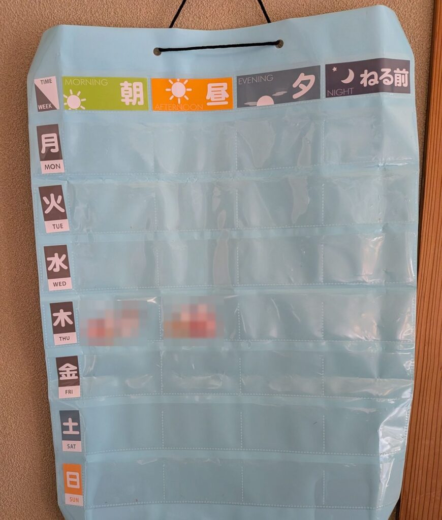 茶の間のテレビの後ろの壁に掛けた、曜日ごとに朝・昼・夕・ねる前のポケットがあるお薬カレンダー