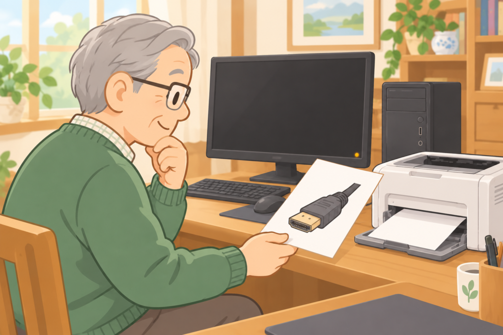 真っ暗なモニターのそばで、プリンターから出てきた端子の図を手にする父のイメージ