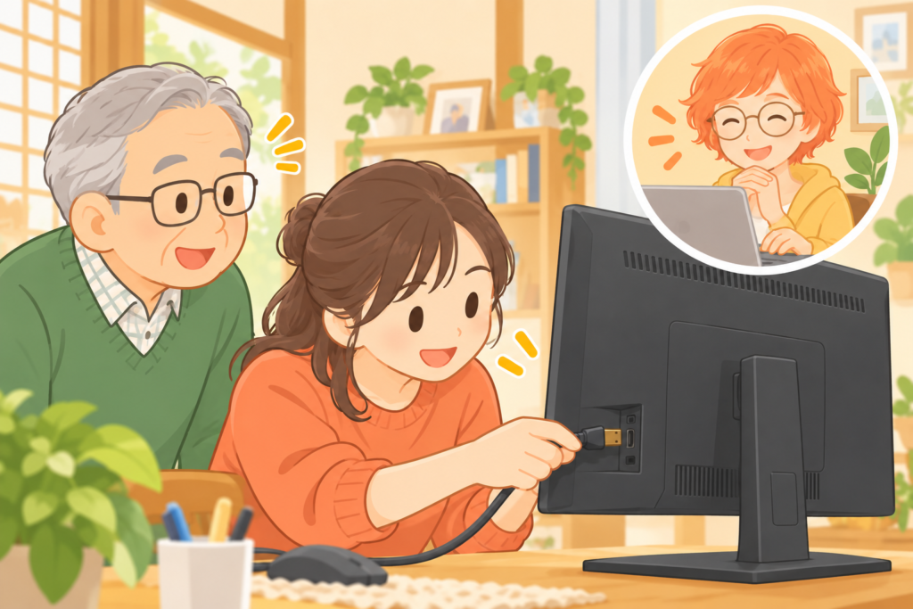 姪がモニターのケーブルをつなぎ、父と離れた家の娘が画面の復旧を喜ぶイメージ